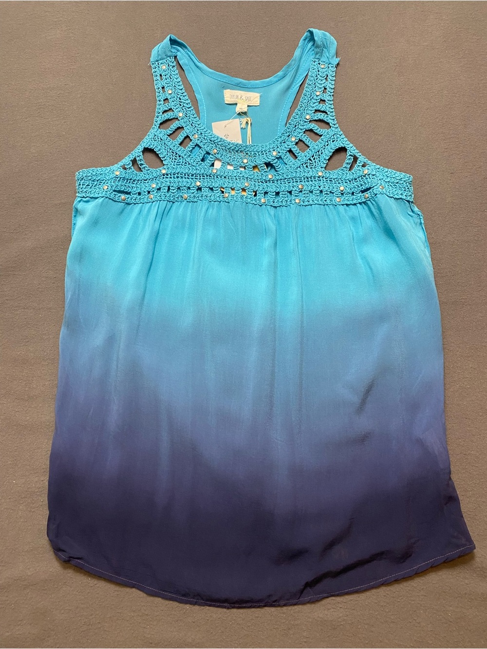 Taylor & Sage XS Turquoise to Navy Ombre Crochet Yoke Tank NWT